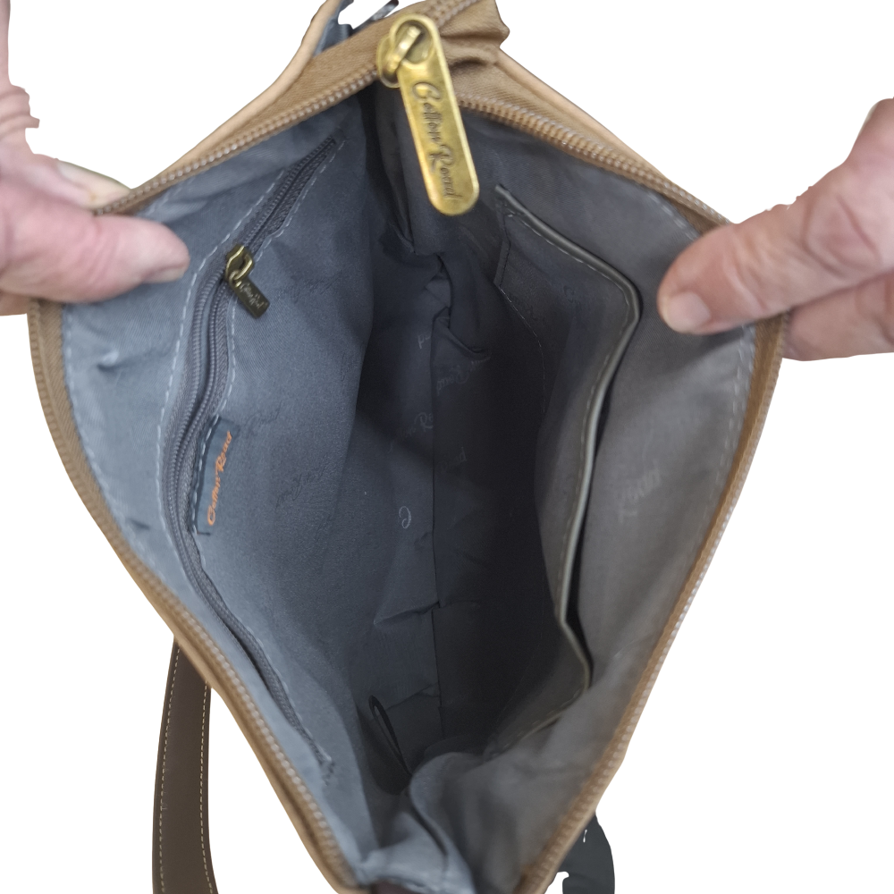 COTTON ROAD SLING BAG: KHAKI Soft PU Leather CROSSBODY with BROWN TRIM OPEN