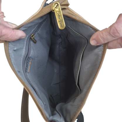 COTTON ROAD SLING BAG: KHAKI Soft PU Leather CROSSBODY with BROWN TRIM OPEN