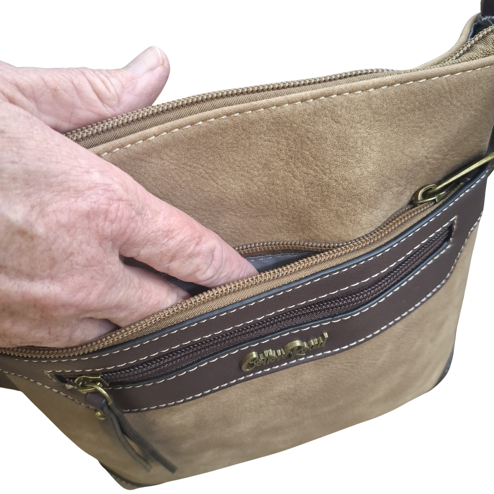 COTTON ROAD SLING BAG: KHAKI Soft PU Leather CROSSBODY with BROWN TRIM POCKET