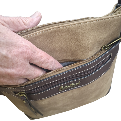 COTTON ROAD SLING BAG: KHAKI Soft PU Leather CROSSBODY with BROWN TRIM POCKET