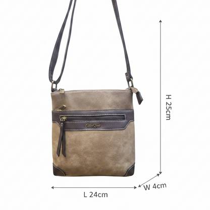 COTTON ROAD SLING BAG: KHAKI Soft PU Leather CROSSBODY with BROWN TRIM SIZE