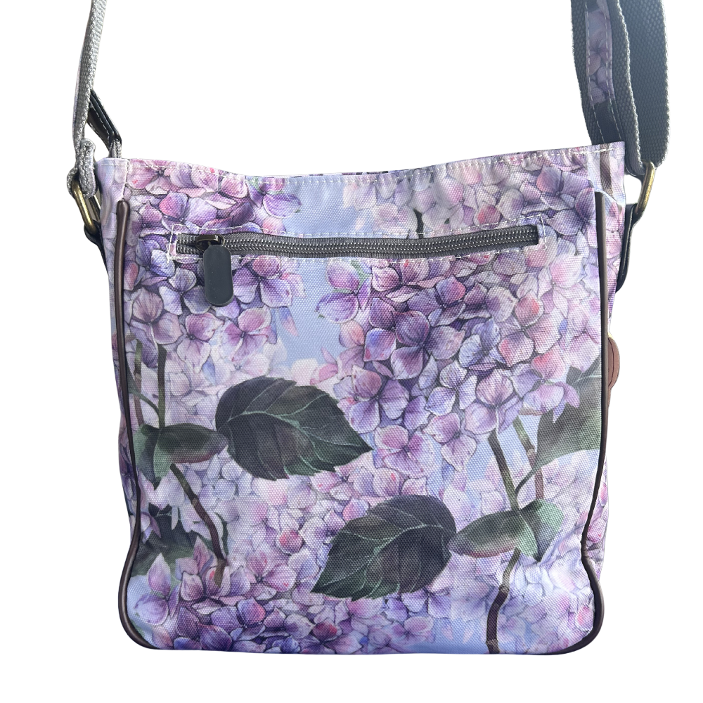 COTTON ROAD SLING BAG: LIGHT BLUE FLORAL PVC SLING BAG BACK