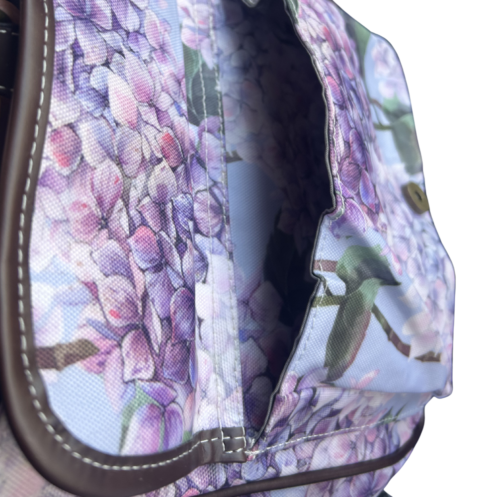 COTTON ROAD SLING BAG: LIGHT BLUE FLORAL PVC SLING BAG FRONT POCKET OPEN