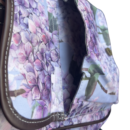 COTTON ROAD SLING BAG: LIGHT BLUE FLORAL PVC SLING BAG FRONT POCKET OPEN