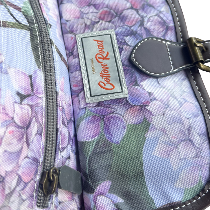 COTTON ROAD SLING BAG: LIGHT BLUE FLORAL PVC SLING BAG MAIN POCKET OPEN