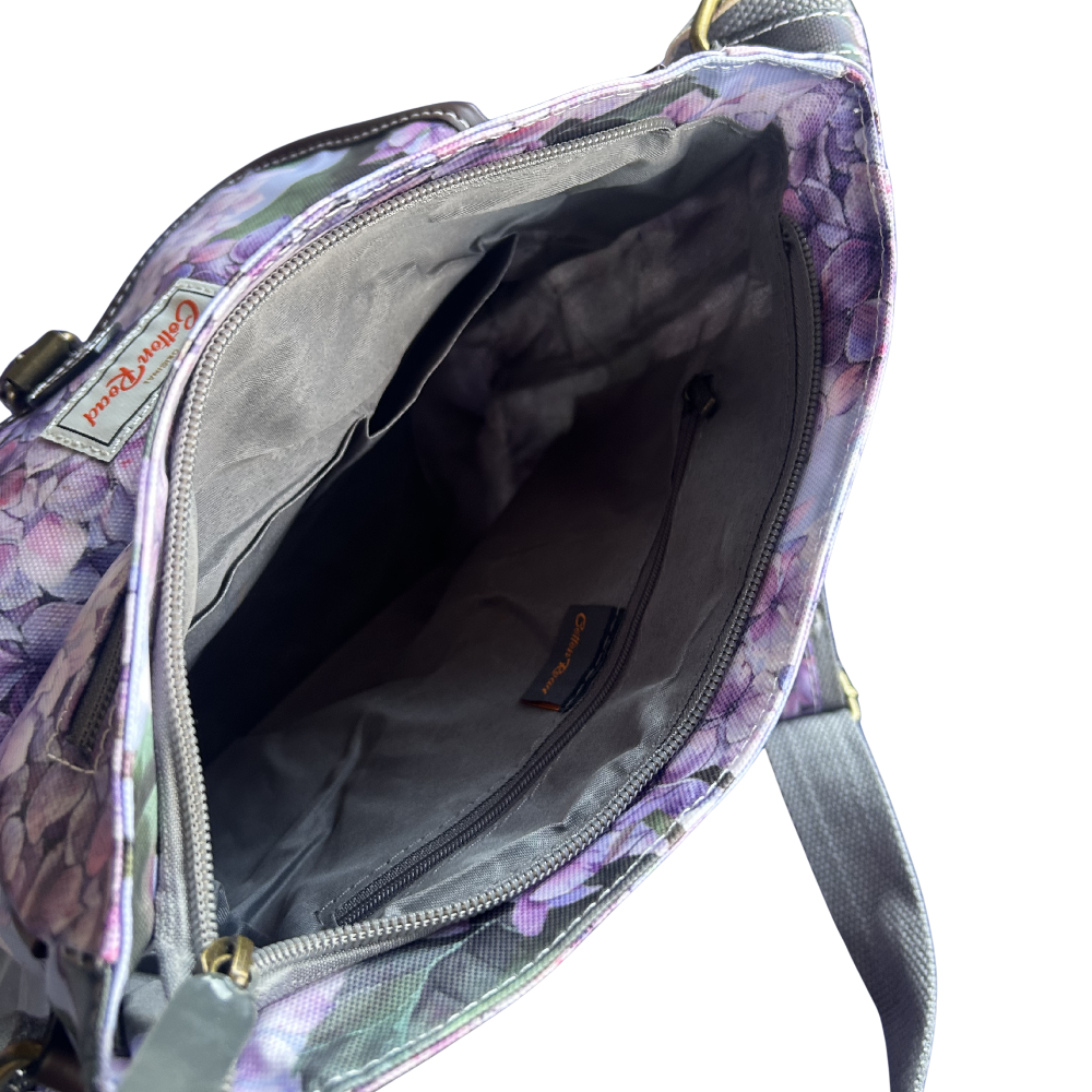 COTTON ROAD SLING BAG: LIGHT BLUE FLORAL PVC SLING BAG OPEN
