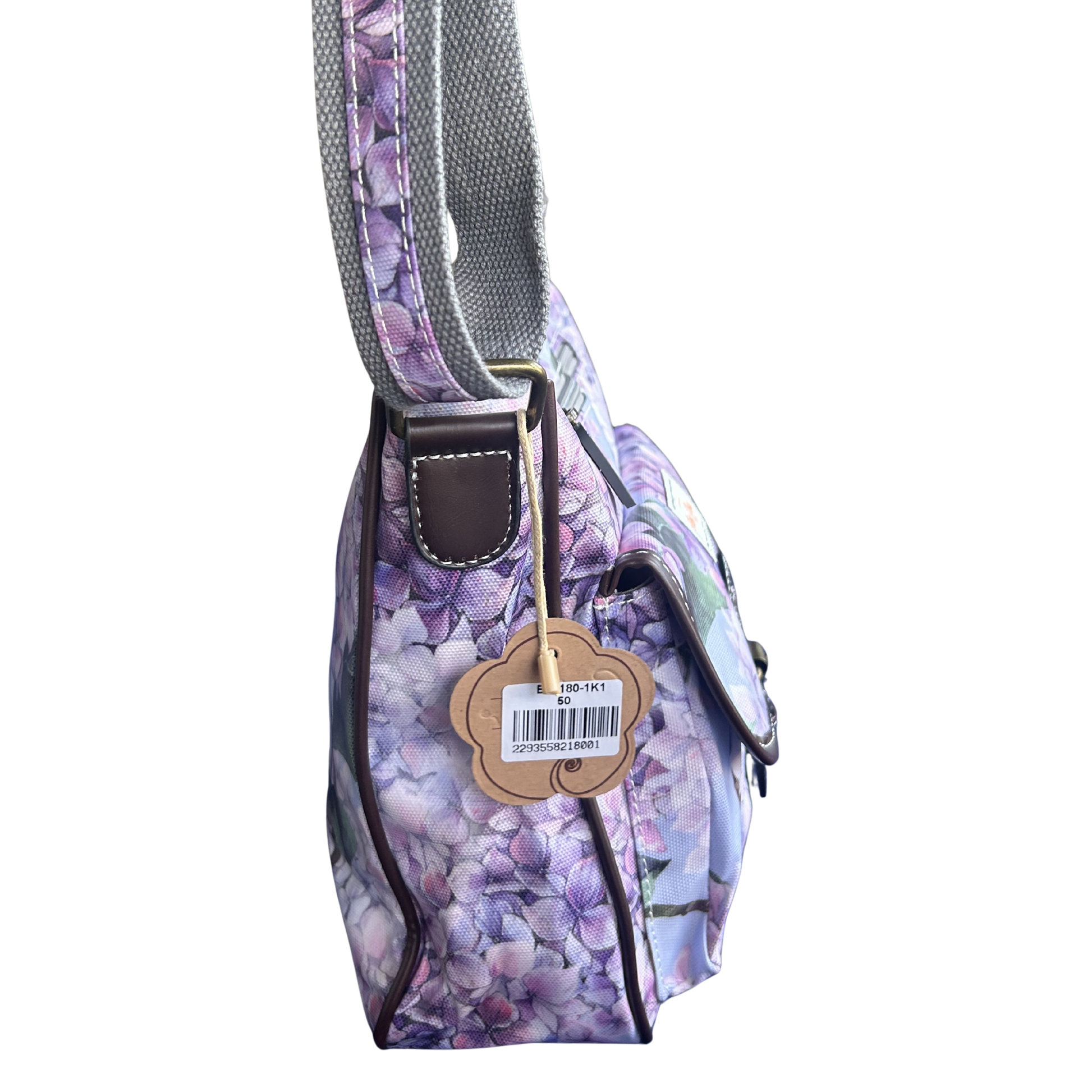 COTTON ROAD SLING BAG: LIGHT BLUE FLORAL PVC SLING BAG SIDE 
