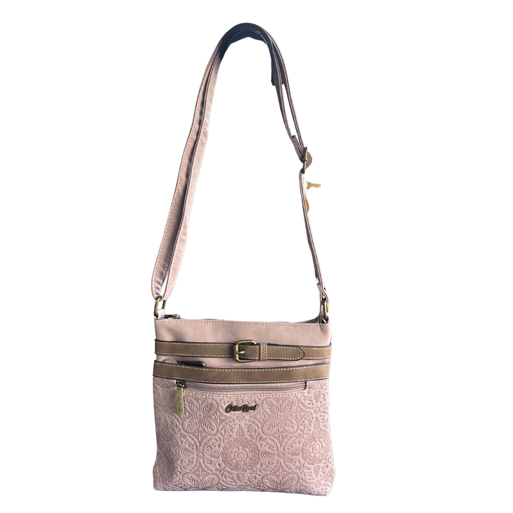 COTTON ROAD SLING BAG: LIGHT PINK PU Leather Crossbody Bag with Embossed pattern hanging