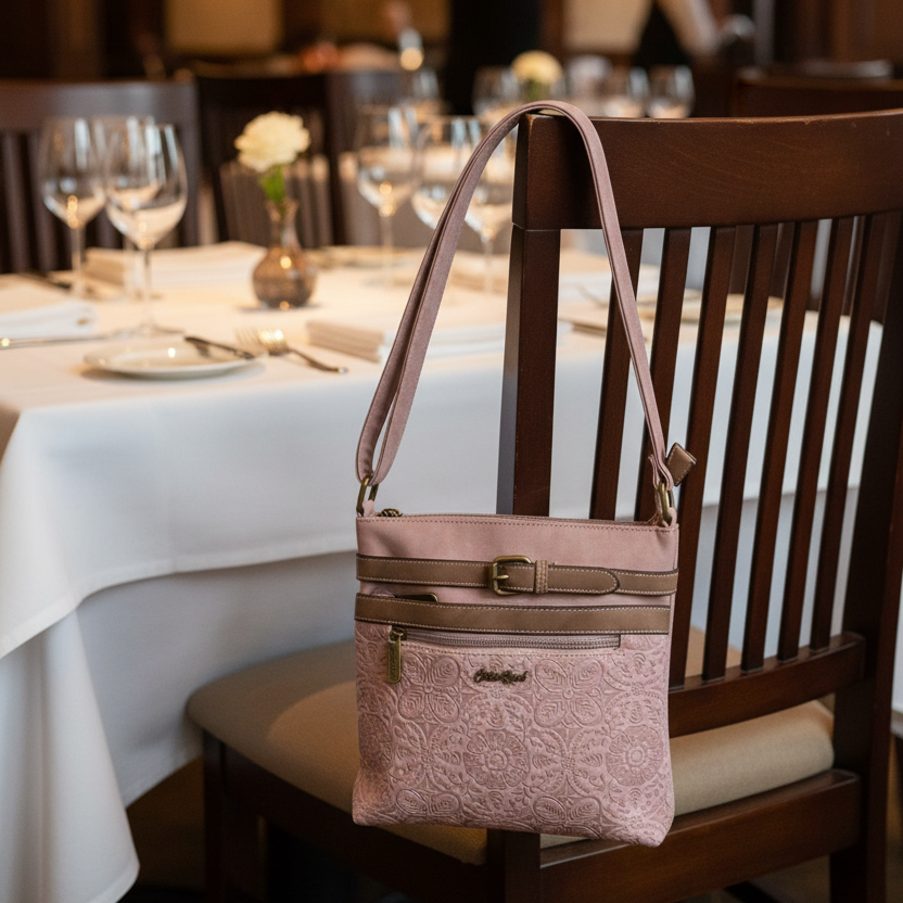 COTTON ROAD SLING BAG: LIGHT PINK PU Leather Crossbody Bag with Embossed pattern lifestyle