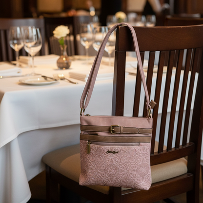 COTTON ROAD SLING BAG: LIGHT PINK PU Leather Crossbody Bag with Embossed pattern lifestyle