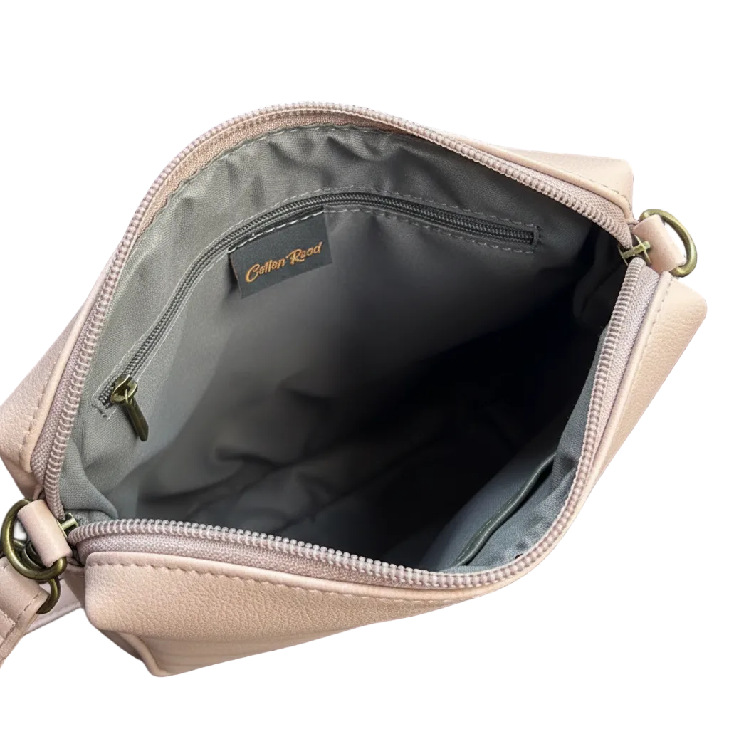 COTTON ROAD SLING BAG: LIGHT PINK PU Leather Crossbody Bag with Embossed pattern open main pockets
