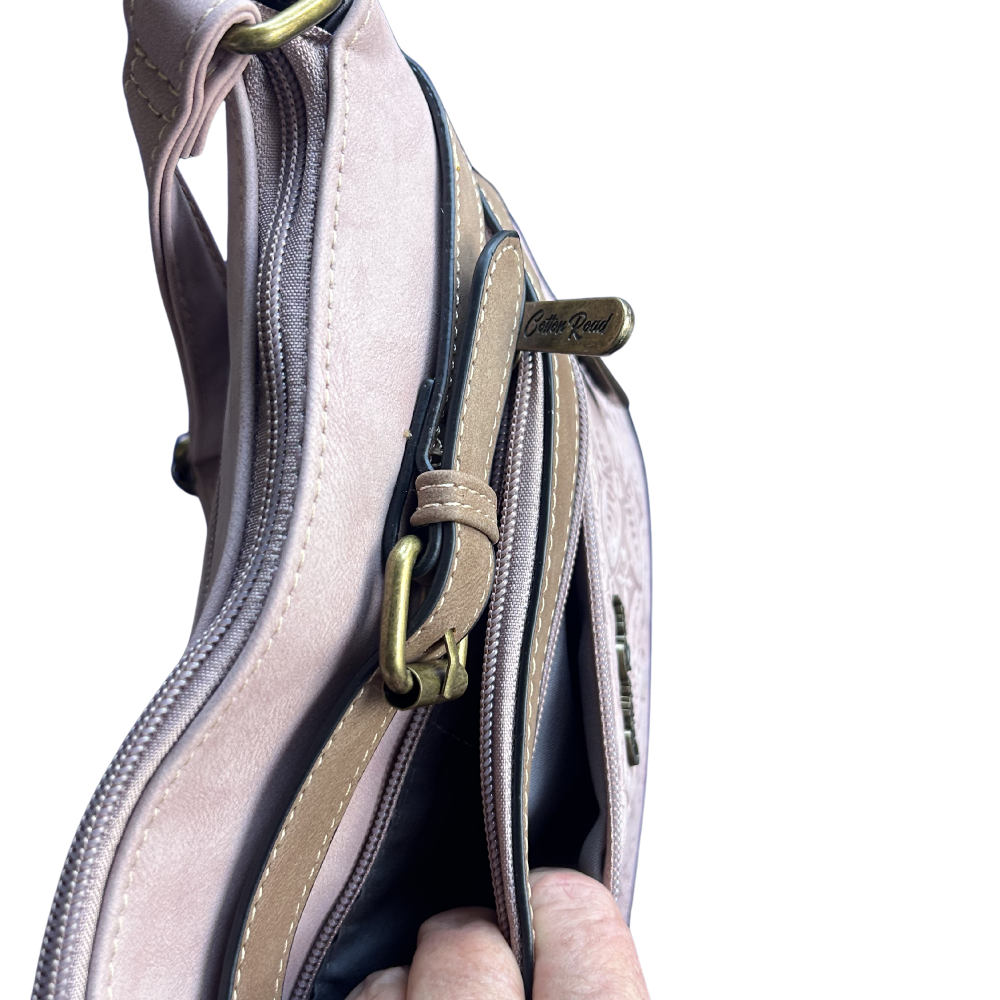 COTTON ROAD SLING BAG: LIGHT PINK PU Leather Crossbody Bag with Embossed pattern open side pockets