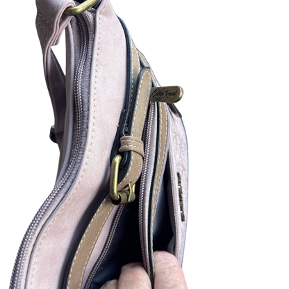 COTTON ROAD SLING BAG: LIGHT PINK PU Leather Crossbody Bag with Embossed pattern open side pockets