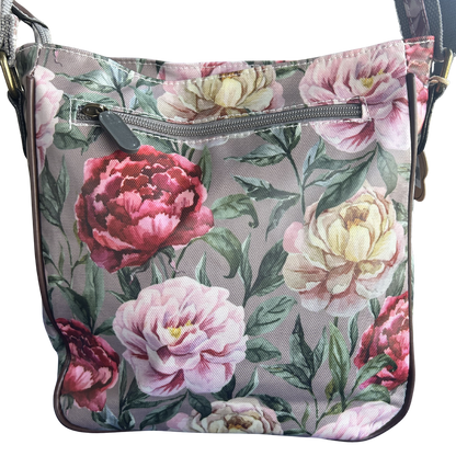 COTTON ROAD SLING BAG: MAUVE FLORAL PRINT PVC SLING BAG BACK