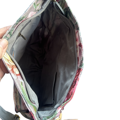 COTTON ROAD SLING BAG: MAUVE FLORAL PRINT PVC SLING BAG OPEN