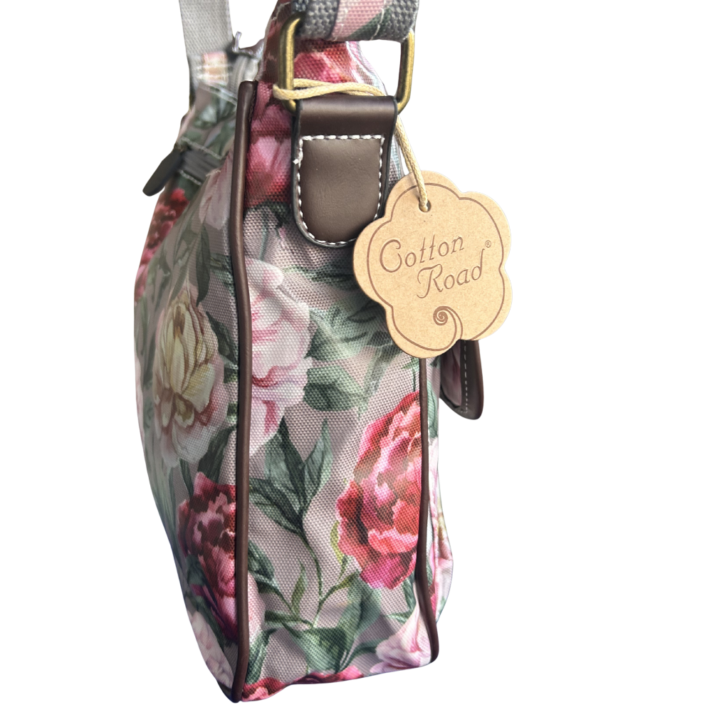 COTTON ROAD SLING BAG: MAUVE FLORAL PRINT PVC SLING BAG SIDE FULL VIEW