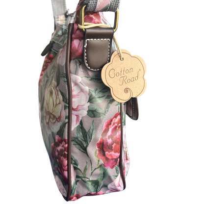 COTTON ROAD SLING BAG: MAUVE FLORAL PRINT PVC SLING BAG SIDE FULL VIEW