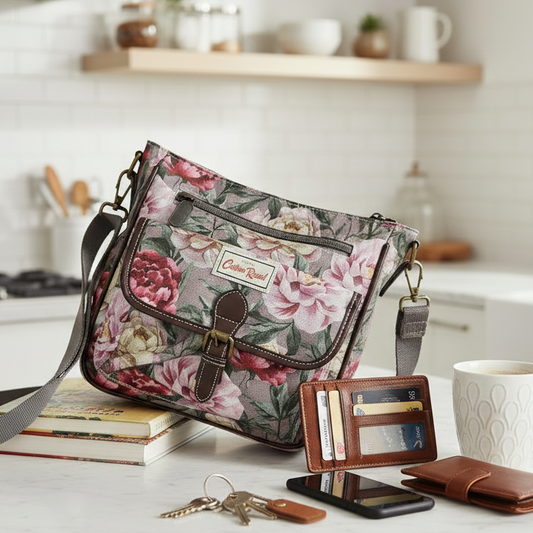 COTTON ROAD SLING BAG: MAUVE FLORAL PRINT PVC SLING BAG SIDE LIFESTYLE VIEW
