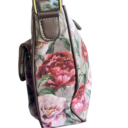 COTTON ROAD SLING BAG: MAUVE FLORAL PRINT PVC SLING BAG SIDE VIEW