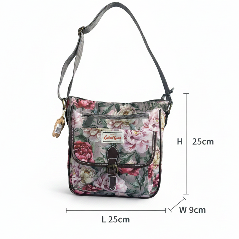 COTTON ROAD SLING BAG: MAUVE FLORAL PRINT PVC SLING BAG SIZE