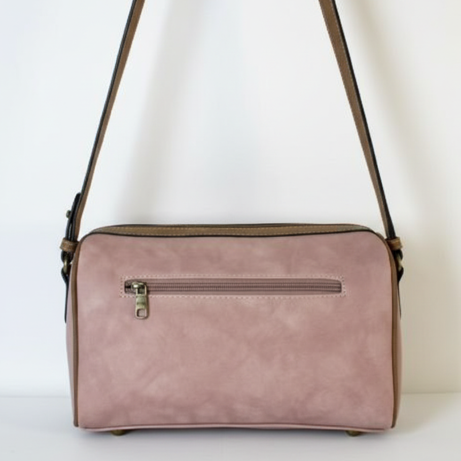 COTTON ROAD SLING BAG: PINK PU LEATHER BARREL STYLE WITH EMBOSSED PRINT BACK