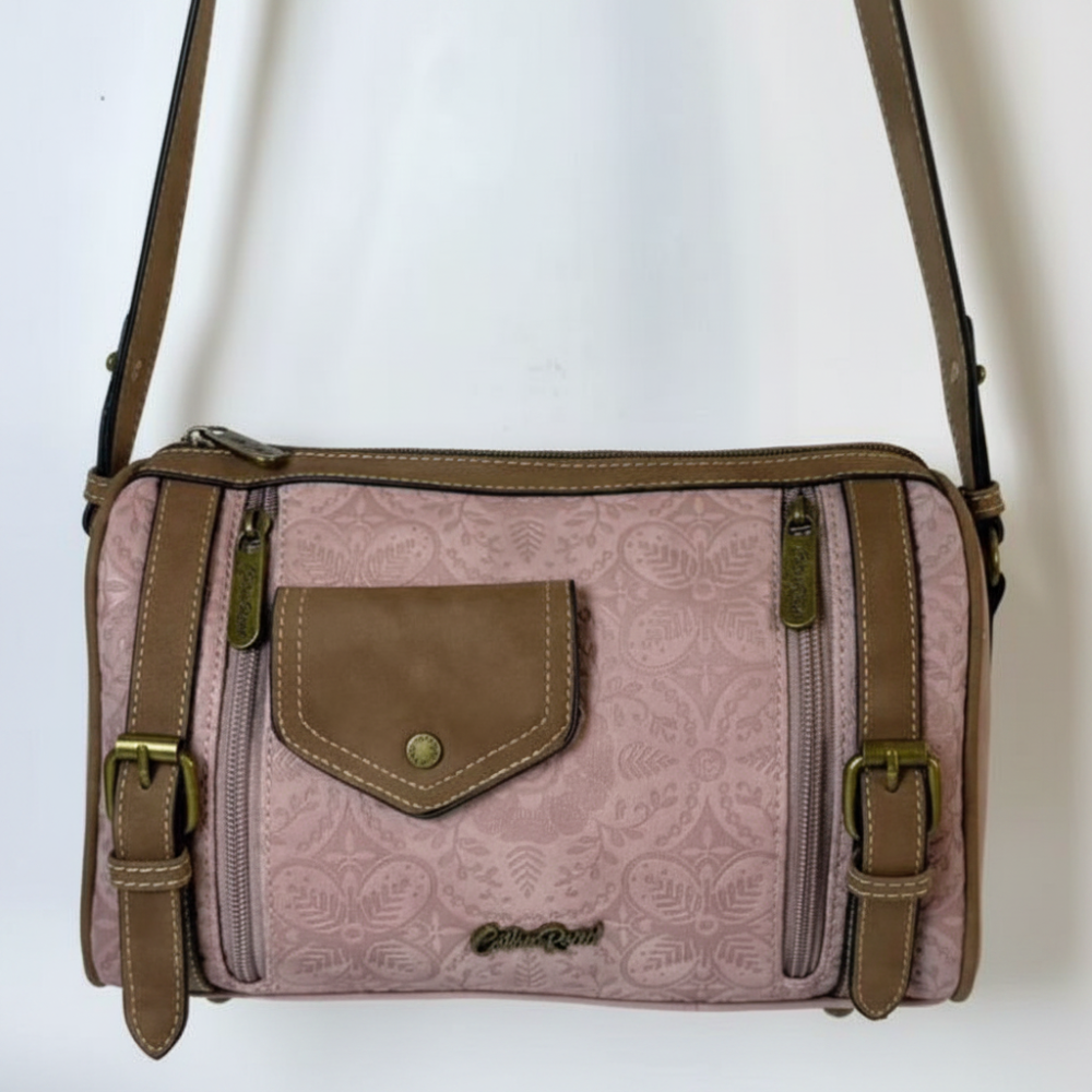COTTON ROAD SLING BAG: PINK PU LEATHER BARREL STYLE WITH EMBOSSED PRINT FRONT