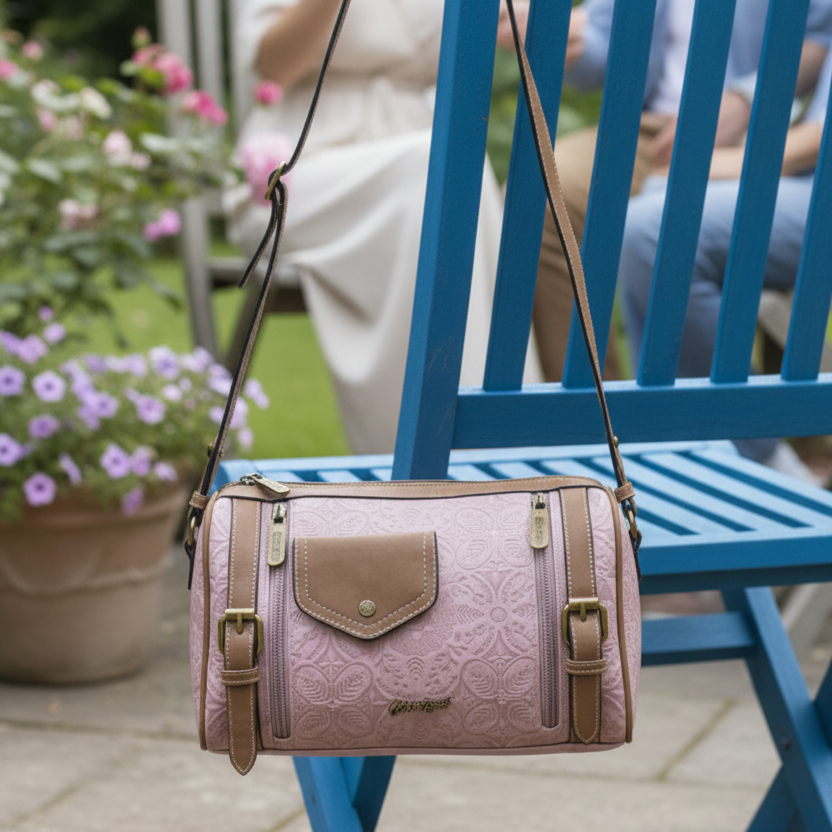 COTTON ROAD SLING BAG: PINK PU LEATHER BARREL STYLE WITH EMBOSSED PRINT LIFESTYLE