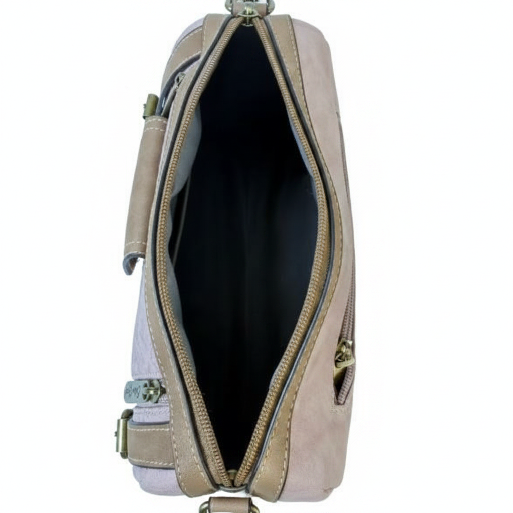 COTTON ROAD SLING BAG: PINK PU LEATHER BARREL STYLE WITH EMBOSSED PRINT OPEN