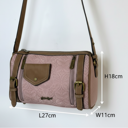 COTTON ROAD SLING BAG: PINK PU LEATHER BARREL STYLE WITH EMBOSSED PRINT SIZE