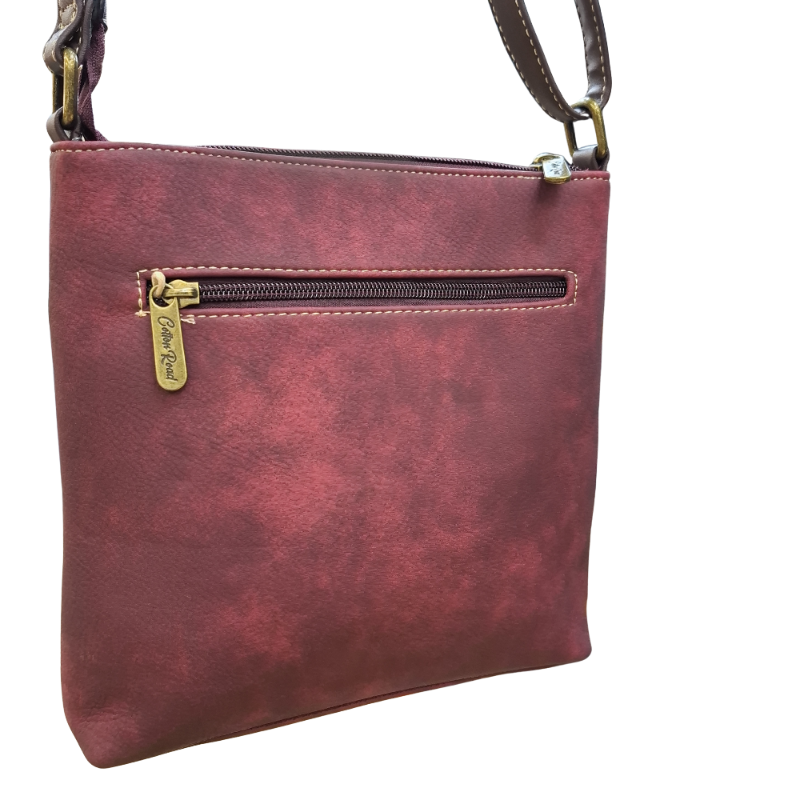 COTTON ROAD SLING BAG: RED Soft PU Leather CROSSBODY with BROWN TRIM BACK