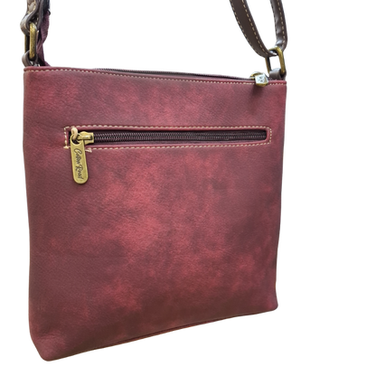 COTTON ROAD SLING BAG: RED Soft PU Leather CROSSBODY with BROWN TRIM BACK