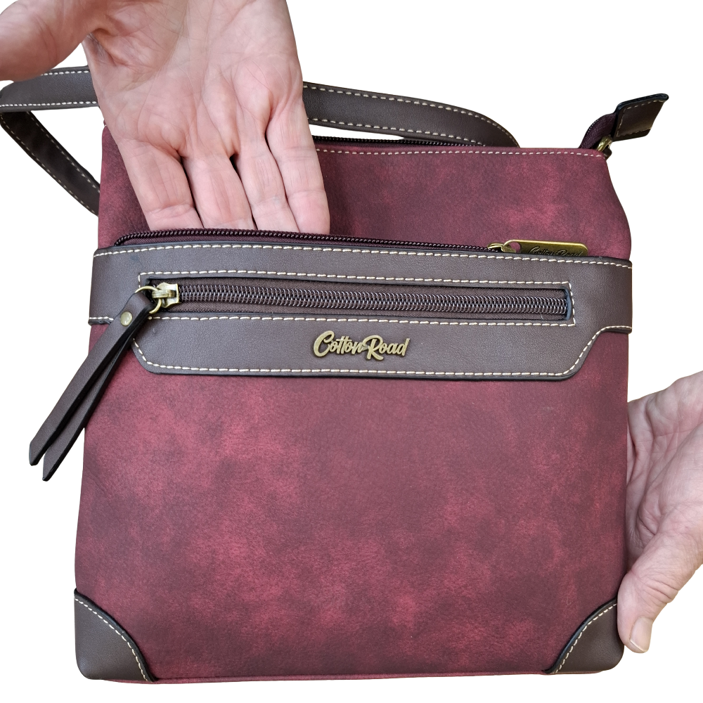 COTTON ROAD SLING BAG: RED Soft PU Leather CROSSBODY with BROWN TRIM BACK POCKETS