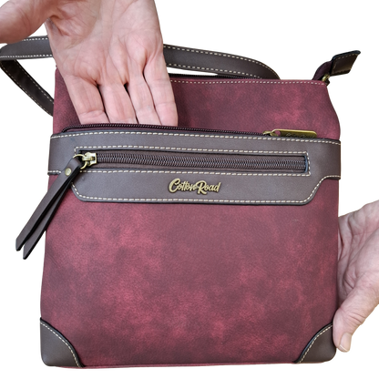 COTTON ROAD SLING BAG: RED Soft PU Leather CROSSBODY with BROWN TRIM BACK POCKETS