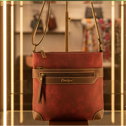 COTTON ROAD SLING BAG: RED Soft PU Leather CROSSBODY with BROWN TRIM DISPLAY