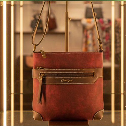 COTTON ROAD SLING BAG: RED Soft PU Leather CROSSBODY with BROWN TRIM DISPLAY