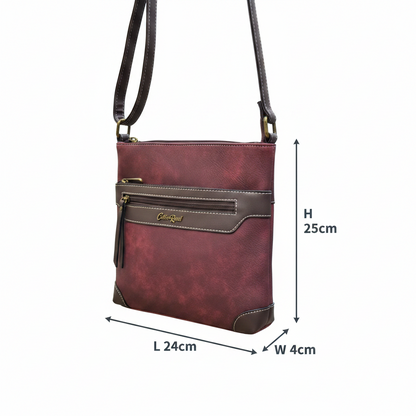 COTTON ROAD SLING BAG: RED Soft PU Leather CROSSBODY with BROWN TRIM SIZE