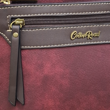 COTTON ROAD SLING BAG: RED Soft PU Leather CROSSBODY with BROWN TRIM ZOOM VIEW