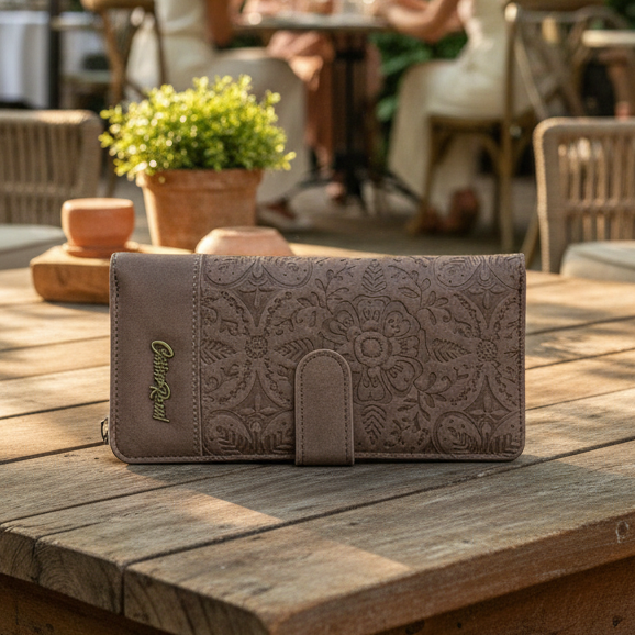 Cotton Road Wallet: Large BROWN Suede-Style PU Leather with EMBOSSED Print