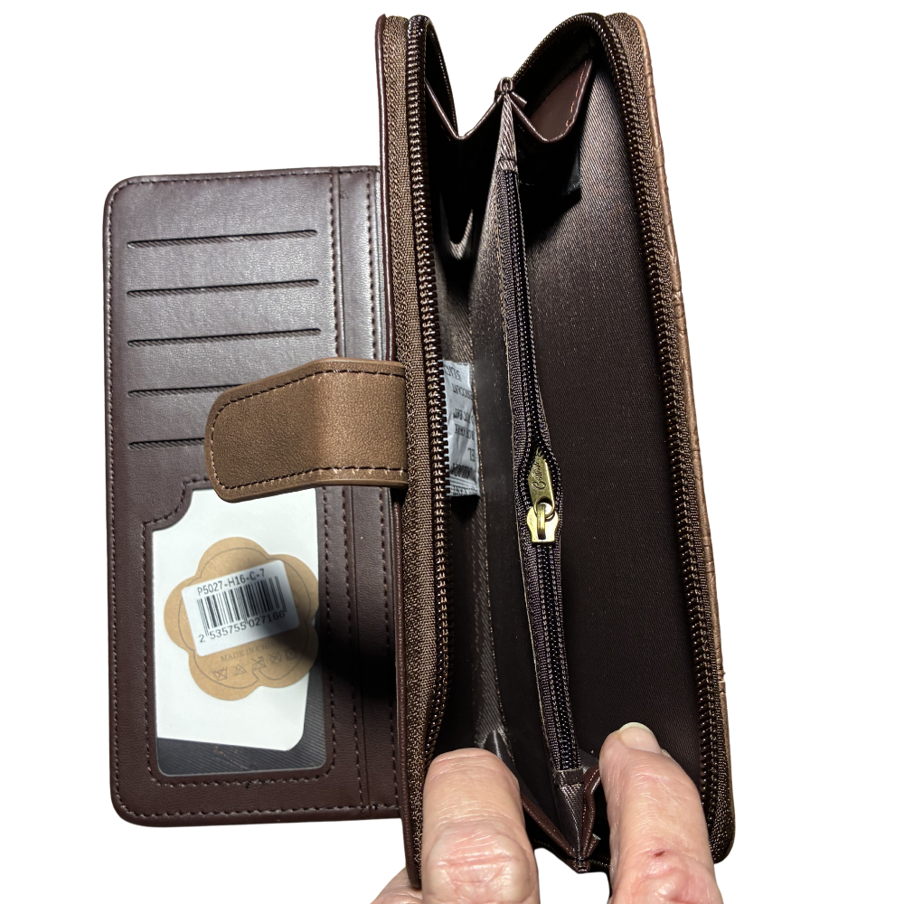 COTTON ROAD WALLET: BROWN suede PU Leather Embossed Purse OPEN 