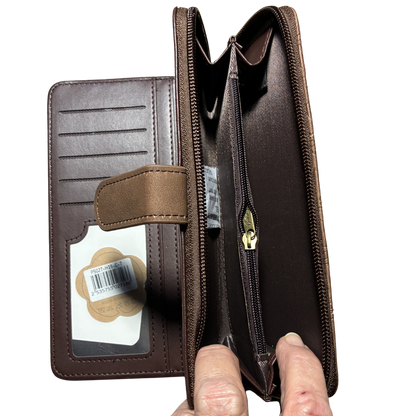 COTTON ROAD WALLET: BROWN suede PU Leather Embossed Purse OPEN 
