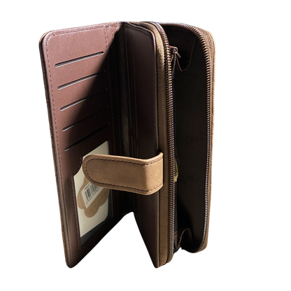 COTTON ROAD WALLET: BROWN suede PU Leather Embossed Purse OPEN SIDE VIEW