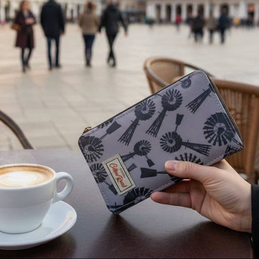 COTTON ROAD WALLET: Medium GREY PVC Purse with WINDMILLS lifestyle