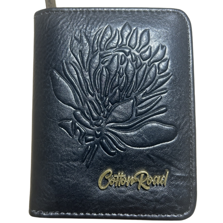COTTON ROAD WALLET: SMALL 2 sections BLACK PU Leather Purse with Embossed Protea