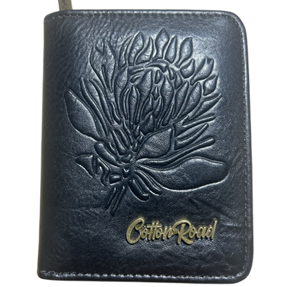 COTTON ROAD WALLET: SMALL 2 sections BLACK PU Leather Purse with Embossed Protea