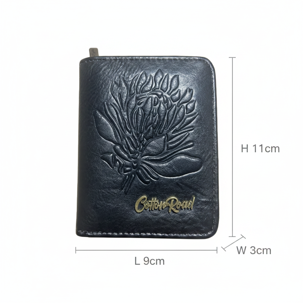 Cotton Road Wallet: Small BLACK PU Leather 2-Section Purse with Embossed Protea