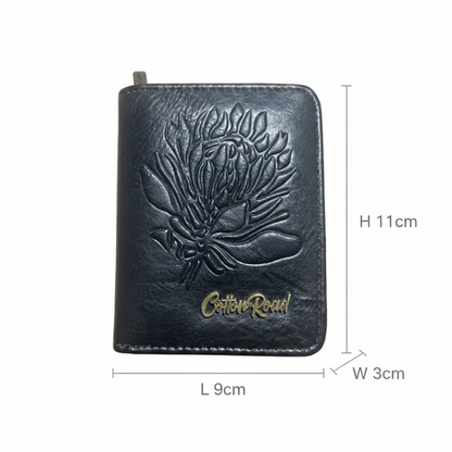 Cotton Road Wallet: Small BLACK PU Leather 2-Section Purse with Embossed Protea