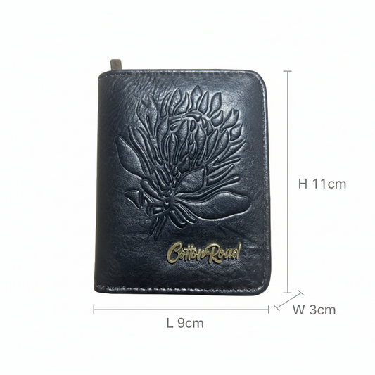 Cotton Road Wallet: Small BLACK PU Leather 2-Section Purse with Embossed Protea
