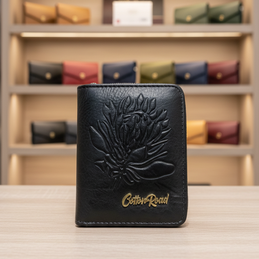 COTTON ROAD WALLET: SMALL 2 sections BLACK PU Leather Purse with Embossed Protea lifestyle