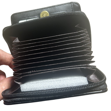 COTTON ROAD WALLET: SMALL 2 sections BLACK PU Leather Purse with Embossed Protea open card pockets