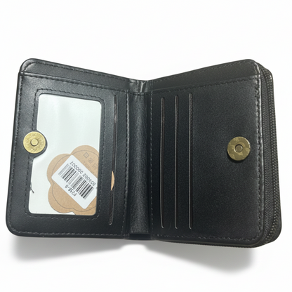 COTTON ROAD WALLET: SMALL 2 sections BLACK PU Leather Purse with Embossed Protea open clip pocket